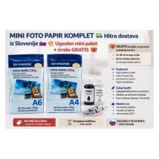 Mini foto papir komplet + GRATIS črnilo(45 listov: A4 230g 20x + A6 220g 25x, glossy, inkjet)
