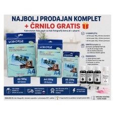 Foto papir komplet + GRATIS črnilo(95 listov: A4 180g 50x + A4 230g 20x + A6 220g 25x, glossy, inkjet)