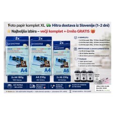 XL foto papir komplet + GRATIS črnilo(190 listov: A4 180g 100x + A4 230g 40x + A6 220g 50x, glossy, inkjet)